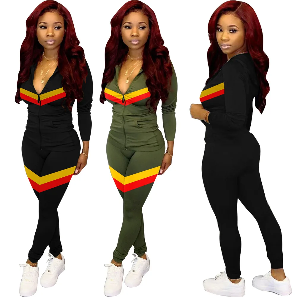 

Women Striped Patchwork Two Piece Sport Outfits Long Sleeves V-neck Tops Elastic Long Pants Outfits for Women Pants and Top