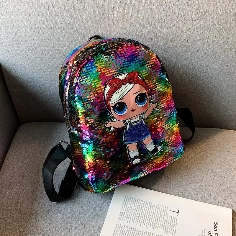 

New Style Light Included Sequin Backpack GIRL'S Trend Versatile GIRL'S Doll PU Backpack Cute Cartoon Bag