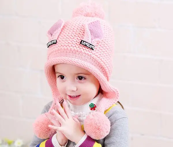 light pink Бархатные шапки для мальчиков, шерстяные шапки с кошачьими ушками, однотонная зимняя вязаная шапка для маленьких детей, детские шапки с ушками для девочек 2-6 лет - Цвет: light pink