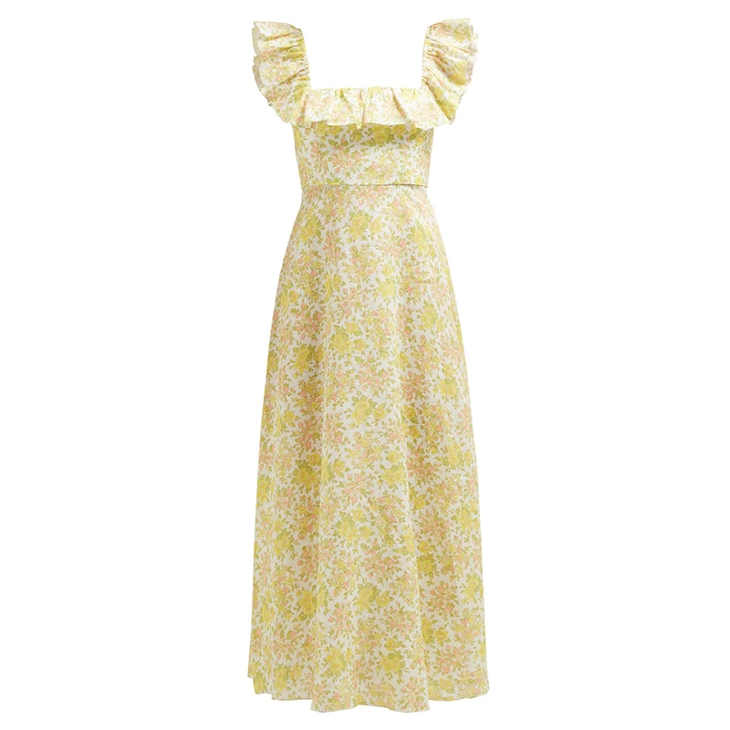 Праздничное богемное пляжное платье женское Сексуальное желтое длинное платье с цветочным принтом и оборками