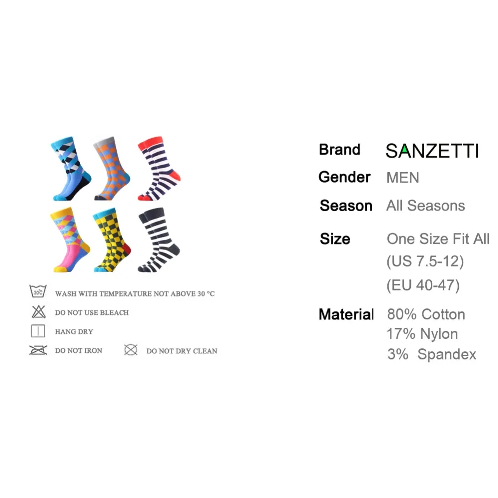 SANZETTI/6 пар/лот, мужские цветные повседневные носки из чесаного хлопка, удобные носки с узором для свадебного торжества, дня рождения