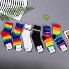 Носки в радужную полоску; сезон осень-зима; корейские цветные модные повседневные женские хлопковые носки; спортивные дышащие удобные впитывающие пот носки