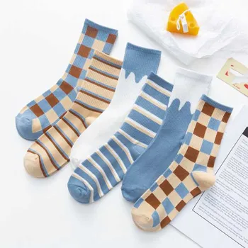 

Unisex Painting Style Women Socks Cotton Harajuku Colorful Kawaii Full Socks Women1 Pair Streetwear Size 35-43 Plaid Blue Socks