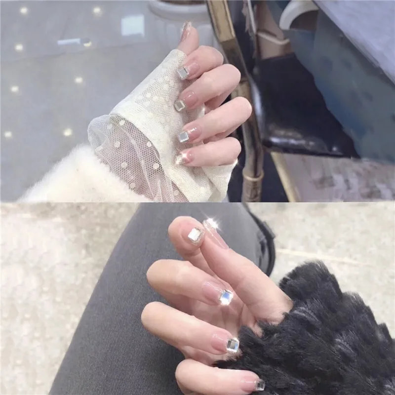 

24pcs Fake Nails Douyin Square Drill Ins Artificial French Multiple Colors Pointed Bridal False Nails Self-sticking Tips Sticker
