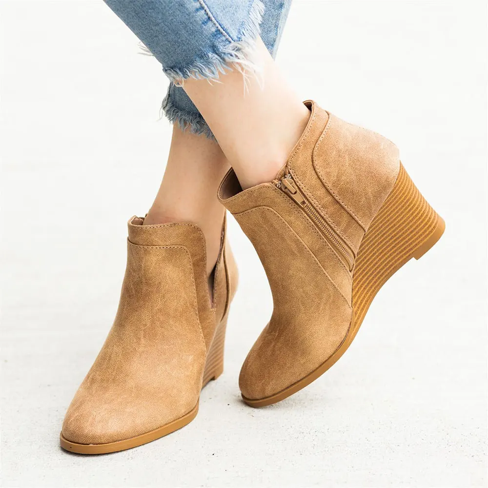 

Women Boots Wedge Increase High Heel Ankle Boots Pointed Toe Booties Side opening Zipper Women Shoes Short Boots Lady