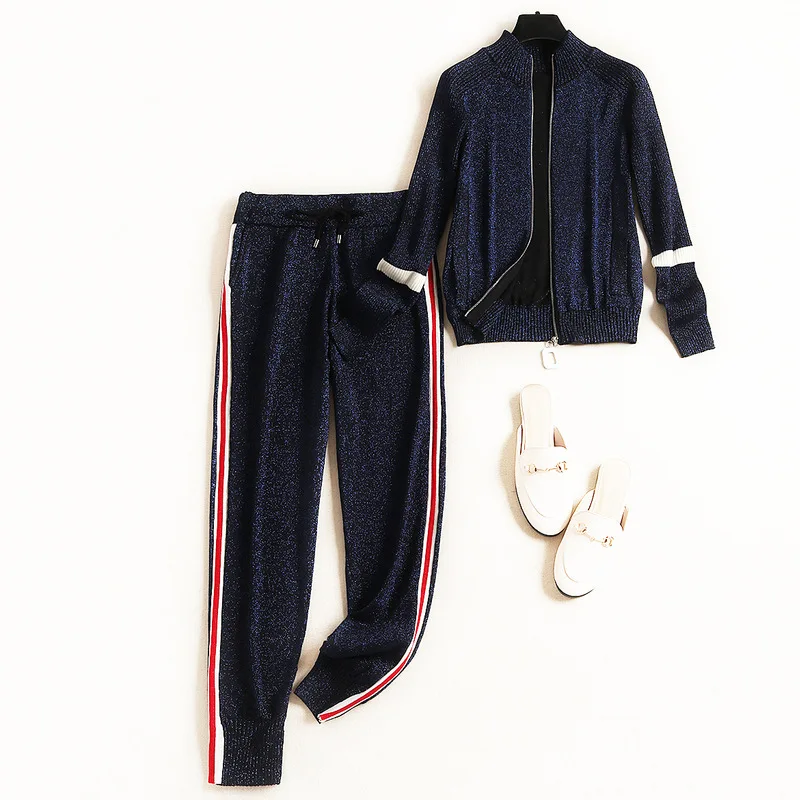 

2019 Autumn New Sparkling Knit Tracksuits Hit Color Zipper Cardigans Women Fashion Trendy Knitting 2pcs Set