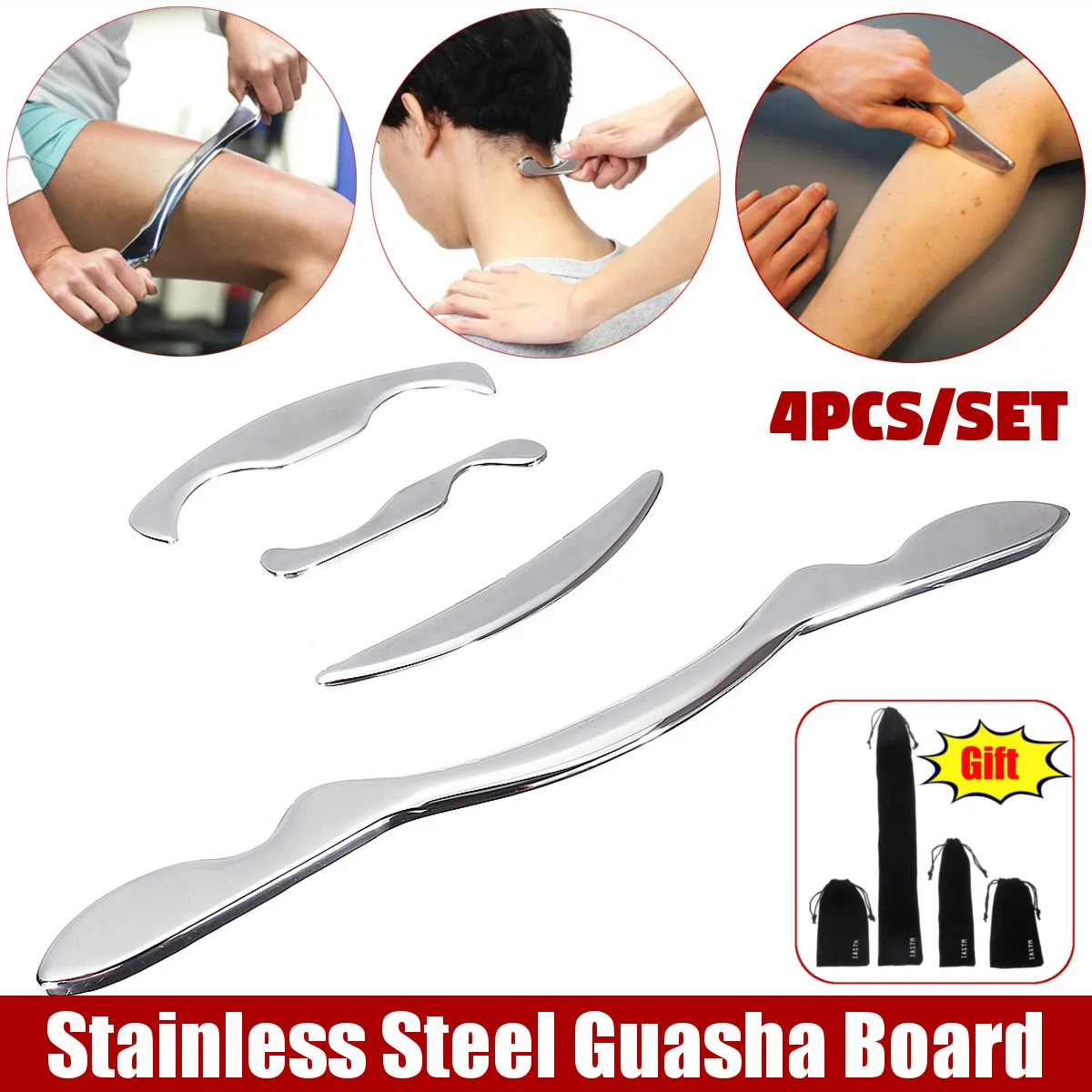 

4Pcs Stainless Steel Guasha Massage Scraping Board Tool SPA Health Care High Quality Tools Set New