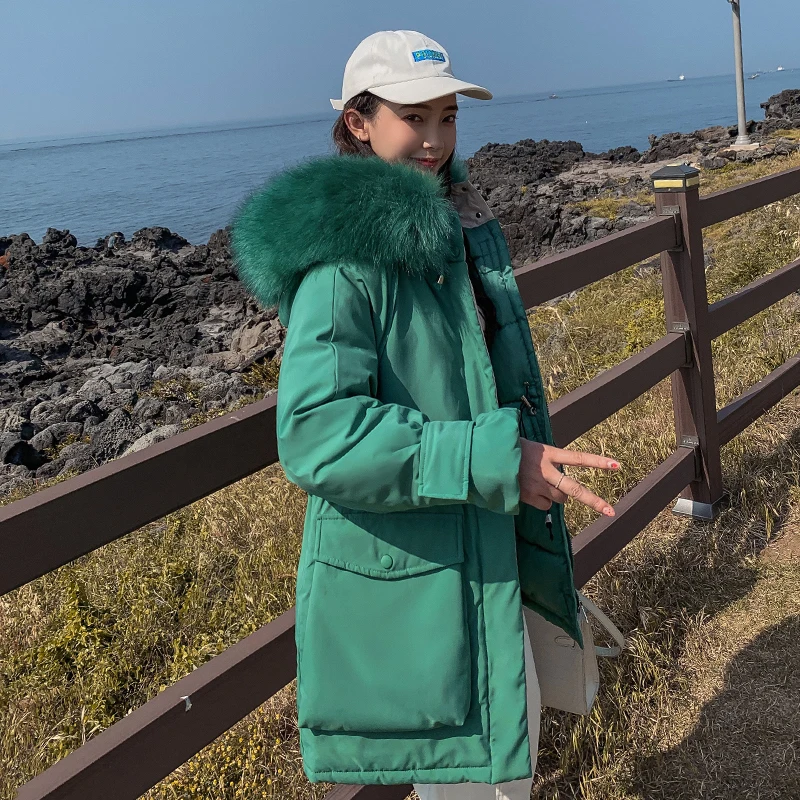 Корейский стиль зимняя куртка женская теплая плотная Свободная Женская куртка с двумя большими карманами с капюшоном меховой воротник Женская длинная парка