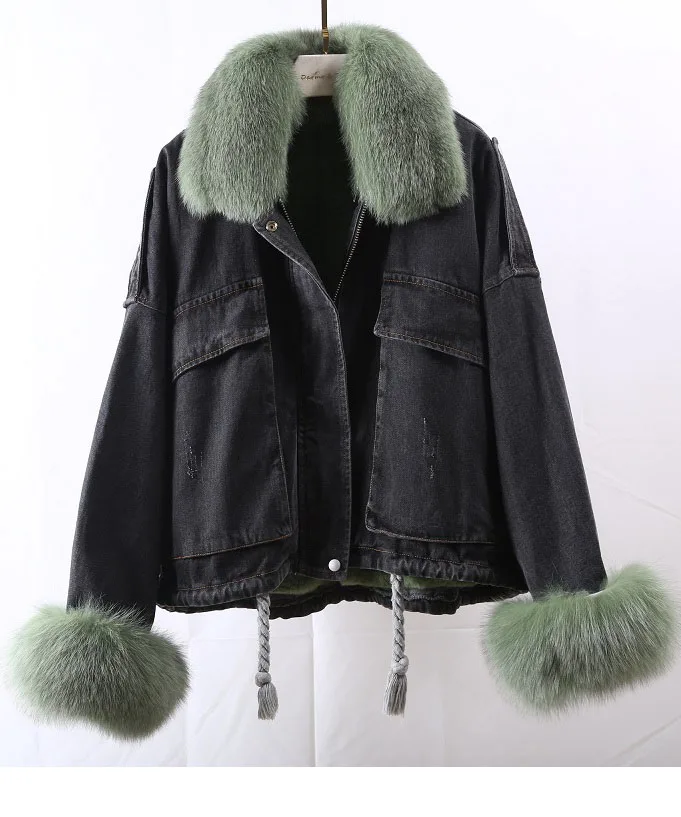 Зимняя джинсовая куртка из натурального меха кролика Рекс, женские пальто, воротник из лисьего меха, новинка зимы, женское джинсовое пальто из натурального меха, парки