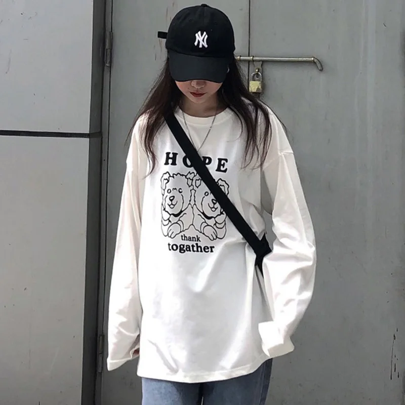 Корейские женские рубашки с буквенным принтом, полосатая одежда, футболки Harajuku, студенческие универсальные рубашки, Свободные повседневные осенние топы с круглым вырезом Kawaii - Цвет: Xian 199 bai