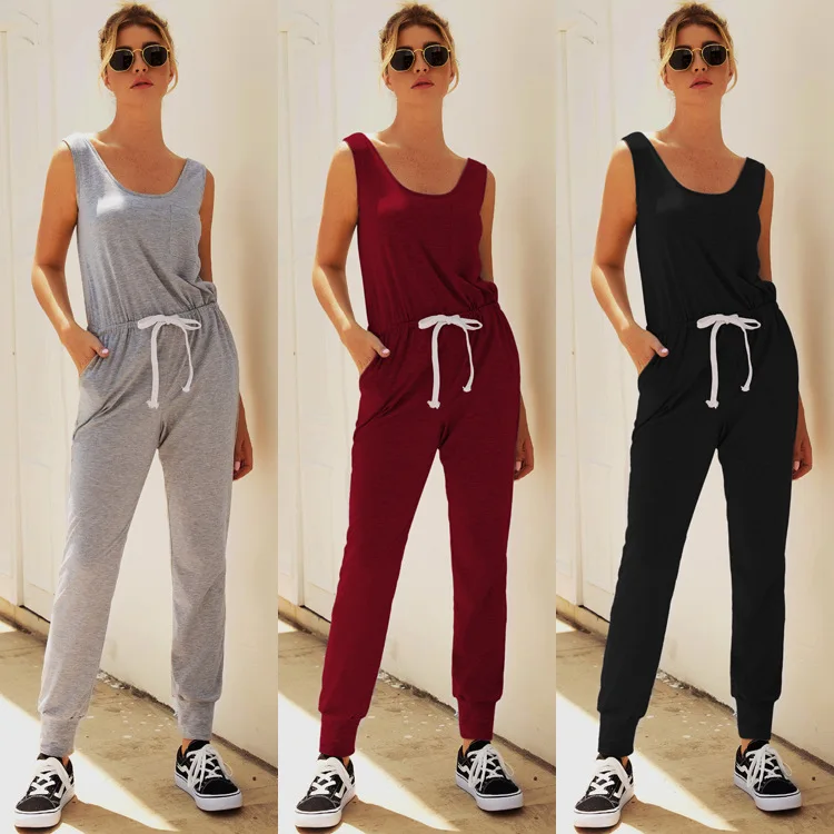 

Solid Color Casual Home Jumpsuit 2019 Autumn Sleeveless Halter Strap Vest Pocket Jumpsuit Overalls for Women Mono Mujer Verano