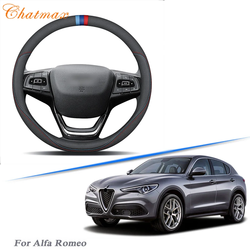 

Car Steering Wheel Cover Black Leather Universal Fit for Alfa-Romeo Stelvio All Series Easy to Install