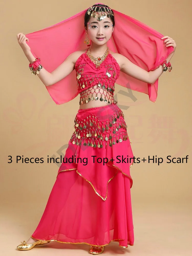 hot pink 3pcs Египетский Восточный Болливуд взрослый набор костюма для танца живота костюм женщина для детей профессиональный детский танец живота топ юбка платье - Цвет: hot pink 3pcs