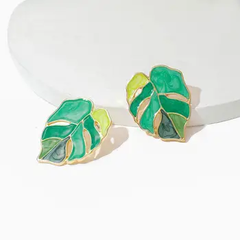 

AENSOA Unique New Fashion Flower Leafs Earrings Female Enamel Green Plant Statement Drop Earrings for Women Costume Jewellery