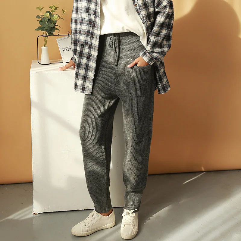 gray NINI WONDERLAND осенне-зимние модные трикотажные брюки для женщин, эластичные вязаные штаны-шаровары, Женские однотонные повседневные штаны с эластичной резинкой на талии - Цвет: gray