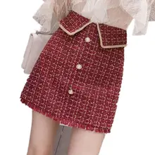Новинка, Женская шерстяная мини-юбка на осень и зиму, винтажная прямая клетчатая юбка с кисточками и высокой талией