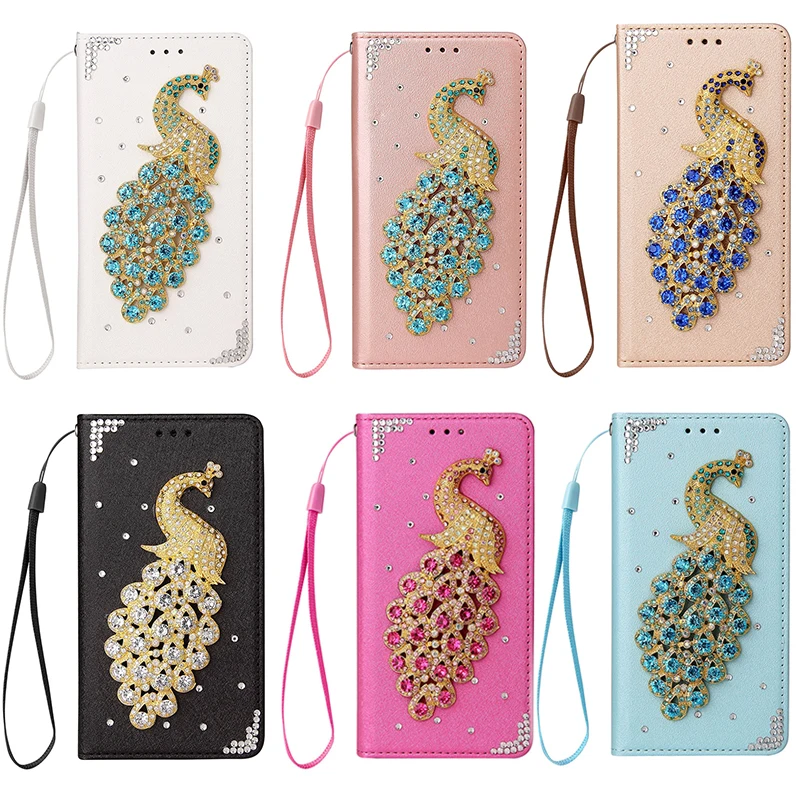 iphone 13 pro max leather case Flash Diamond Peacock Wallet Case For iPhone 11 12 Pro 13 Mini Max X XR XS XSMax 7 8 6 6s Plus SE 2022 Luxury Flip Case best cases for iphone 13 pro max