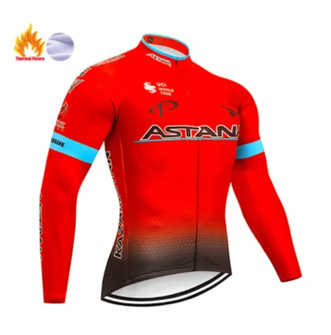 Fleece long sleeve Ciclismo Jerseys fluorescent green ASTANA winter clothing polar cycling uniform warm long-sleeved bicycle clothing bicclet - Цвет: Fleece long sleeve