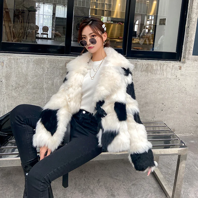 

Real Sheep Fur Coat Women Winter Warm Black -White Splicing Overcoats Short Fashion Soft Sashes Pockets Parkas Female