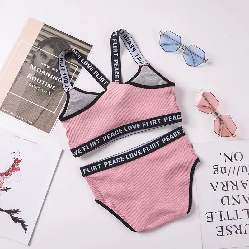 Conjunto de ropa interior de algodón a rayas suaves para mujer, Tops sexys con espalda de belleza, Bralette con tirantes y bragas, traje de 2 piezas