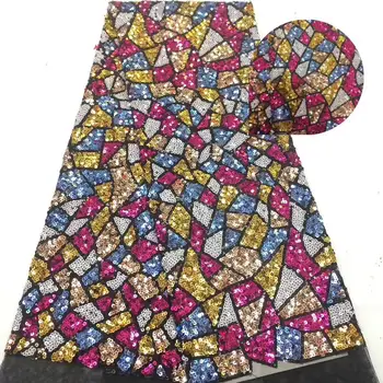 

African Lace Fabric Multicolor French Sequins Net Lace High Quality Tulle Lace Embroidery 3D Lace With 3 d flower gold line lace