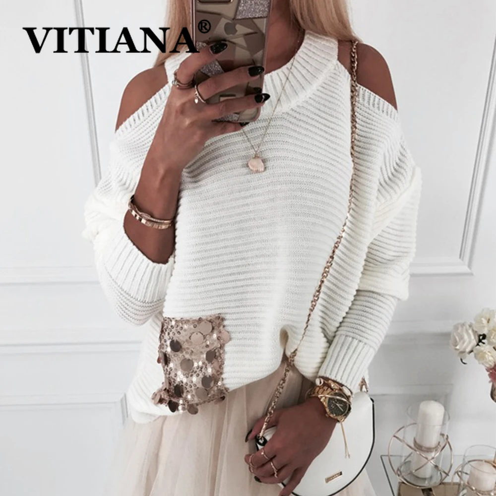 Женская футболка с блестками VITIANA Повседневная Свободная длинными рукавами и