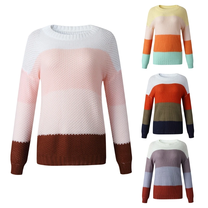 

Women Long Sleeve Crew Neck Sweater Striped Color Block Loose Knit Jumper Tops