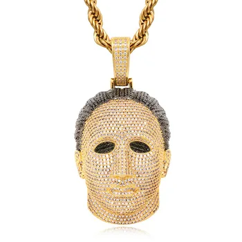 

Big size People Head Pendant Necklace Brass Gold Color Plated Iced Out Zirconia Men Hip Hop Rapper Jewelry Necklace