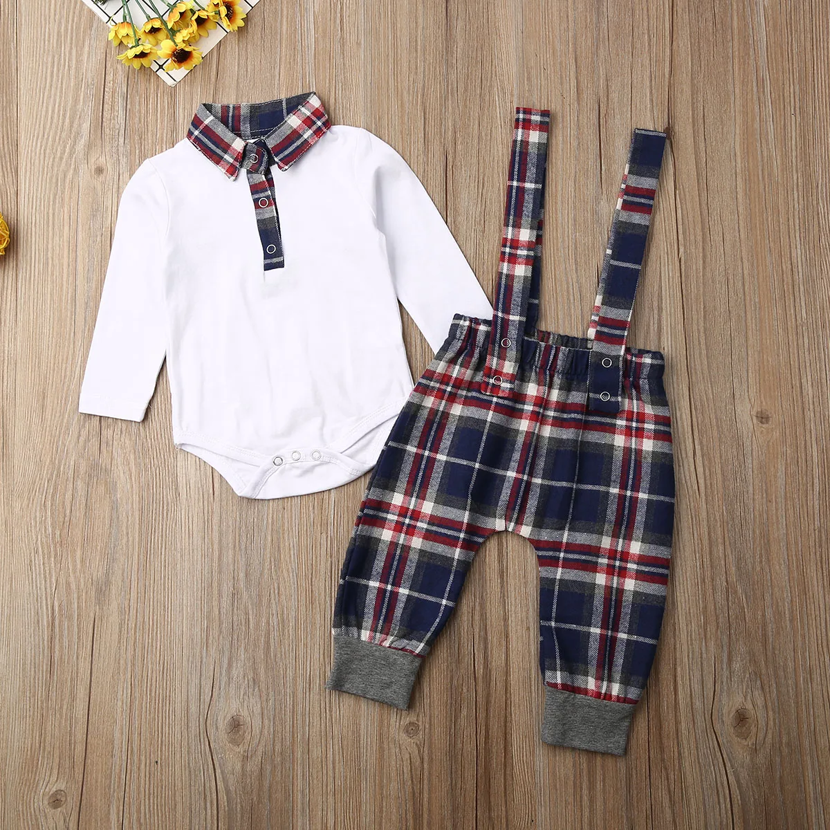 Джентльменская рубашка с длинными рукавами и круглым вырезом для новорожденных мальчиков+ клетчатые брюки на бретелях, комплект одежды, вечерние костюмы на свадьбу для детей от 0 до 24 месяцев