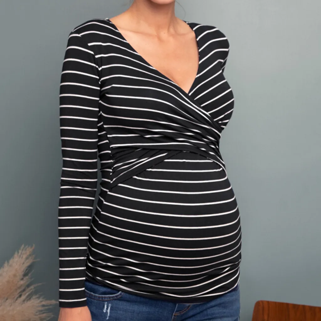 ARLONEET Футболка для беременных Осенняя Женская одежда для беременных с v-образным вырезом и длинным рукавом с оборками в полоску Зимняя одежда для грудного вскармливания