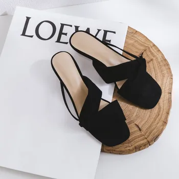 

kmeioo concise slides woman round heels elegant slip-on slippers summer outside slides leisure shoes