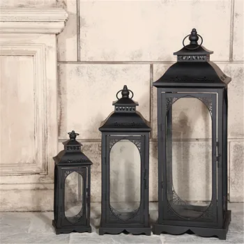 

Nordic Iron Candle Holder Black Windproof Glass Wind Lamp Metal Wedding Outdoor Lantern Candle Home Bougeoir Romantic Gift FC114
