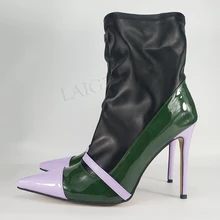 LAIGZEM/Женские ботинки в стиле пэчворк; ботинки на шпильке; женские ботинки с боковой молнией; женские ботинки контрастного цвета; botas mujer; размер 45, 46, 47
