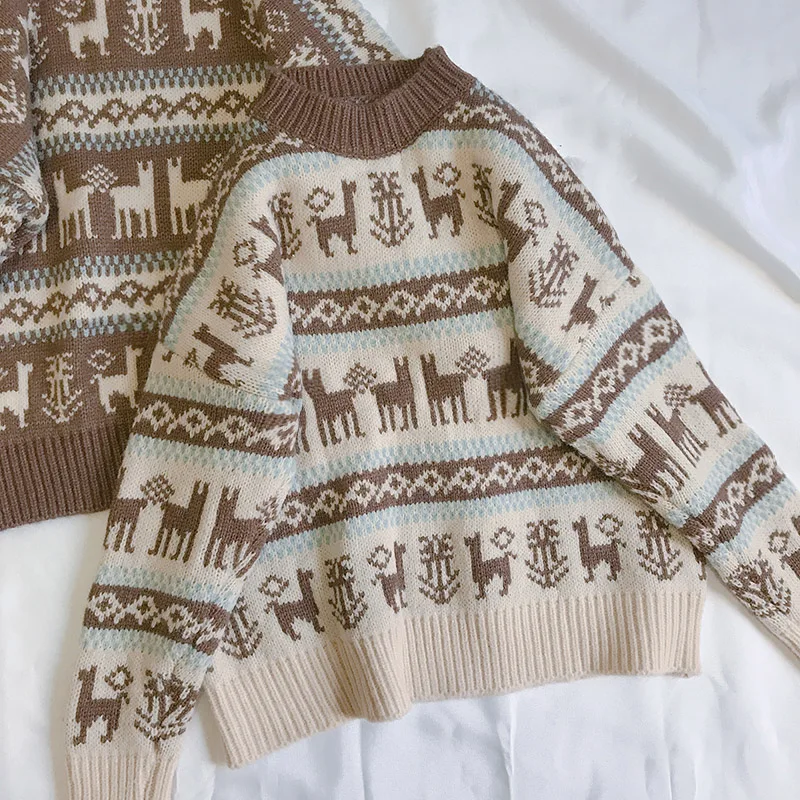 Зимний свитер Mori Girl с милым оленем, жаккардовый, круглый вырез, толстый теплый трикотаж, свободный, Ретро стиль, мягкий вязаный пуловер для девочек, топы