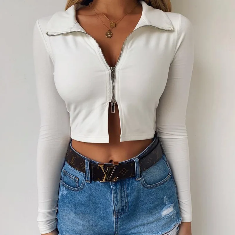 

2019 European station new street lapel T-shirt female autumn Zip Long Sleeve Top