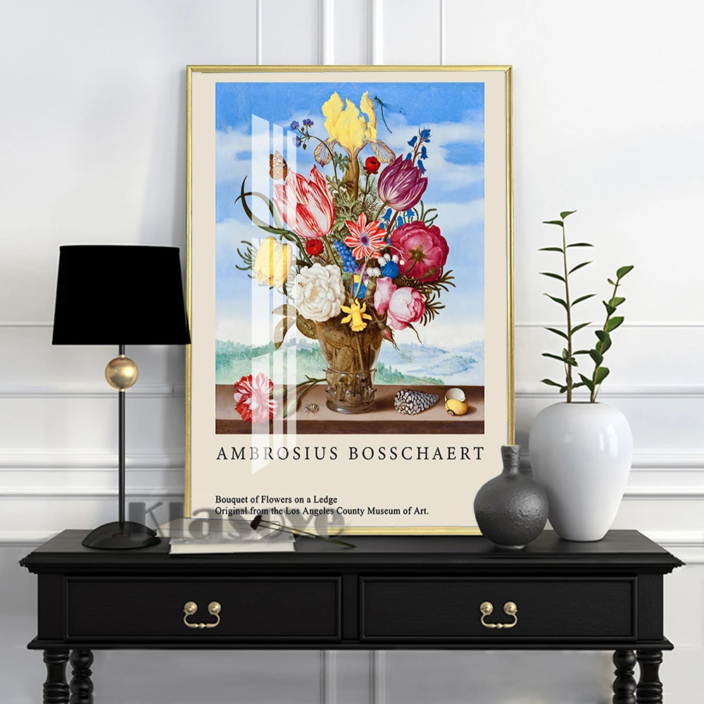 

Ambrosius Bosschaert Exhibition Museum Canvas Painting Bouquet Of Flower On A Ledge Prints Art Retro Poster Gallery Wall Decor