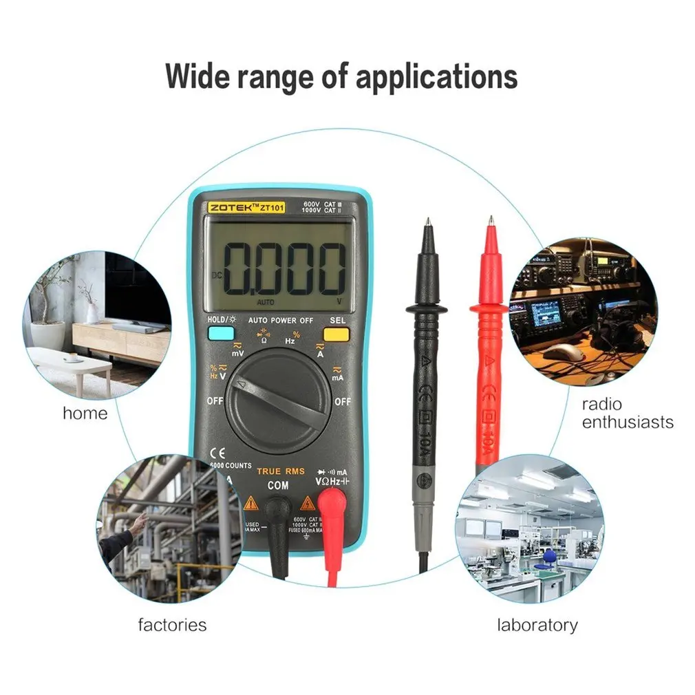 ZOTEK ZT101 Мини Авто Диапазон Цифровой мультиметр 6000 отсчетов AC DC Амперметр Вольтметр 550 в защита от перегрузки ЖК-подсветка