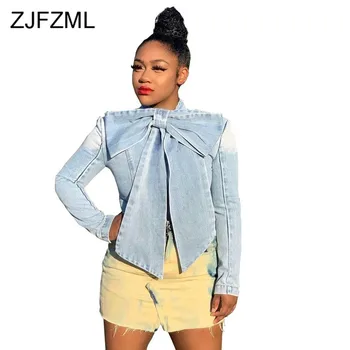 

Sexy Big Bow Denim Jacket Women Standing Collar Bodycon Jeans Coat 2019 Autumn Winter Causal Plus Size Vintage Bomber Jacket