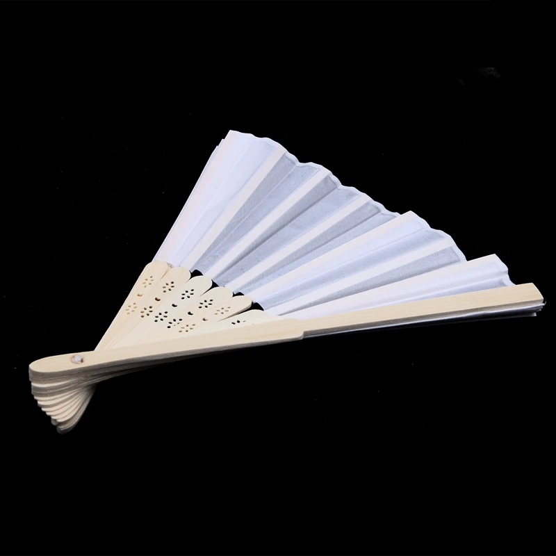 10x fan in white silk fabric+ bamboo with gift bag in muslin for wedding personalized dancing writing painting