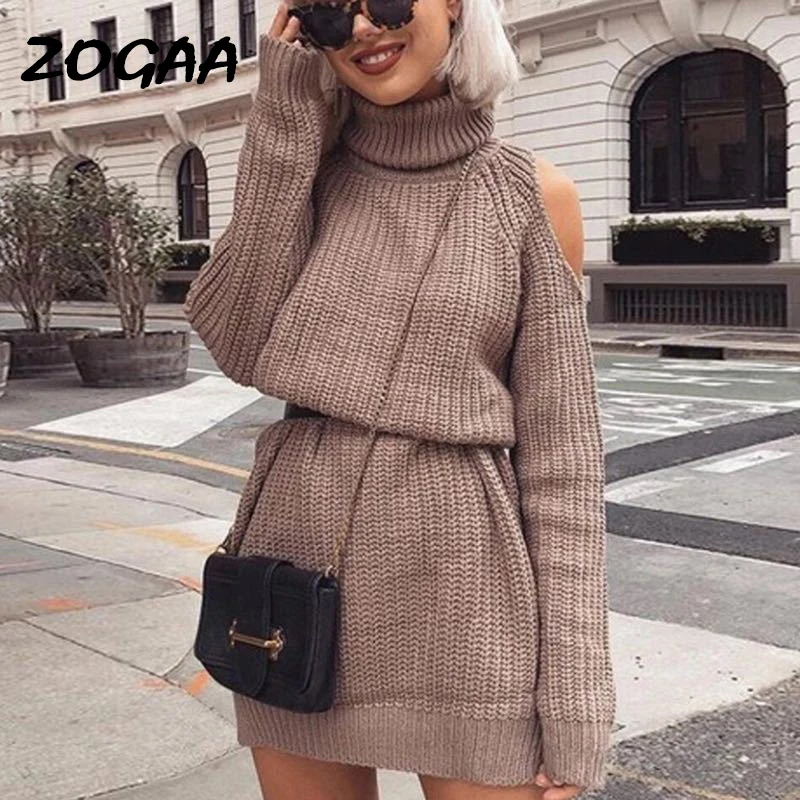 

ZOGAA 2019 Autumn Winter Turtleneck Off Shoulder Knitted Sweater Dress Women Solid Slim Plus Size Long Pullovers Knitting Jumper