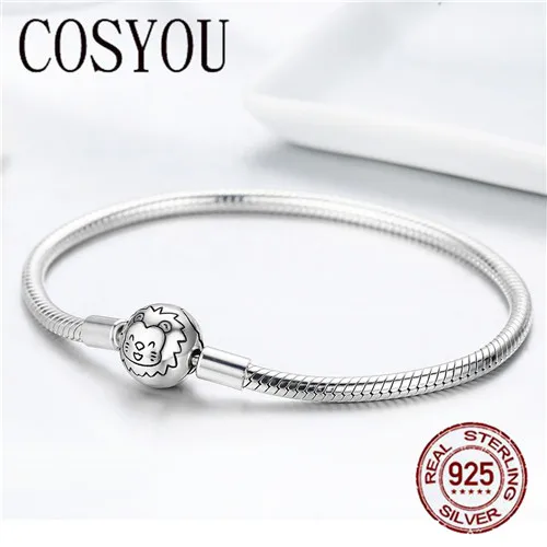 Cena COSYOU 100% 925 Sterling srebrny lew zwierząt okrągły zapięcie wąż Strand łańcuch bransoletki dla kobiet srebro biżuteria SCB054