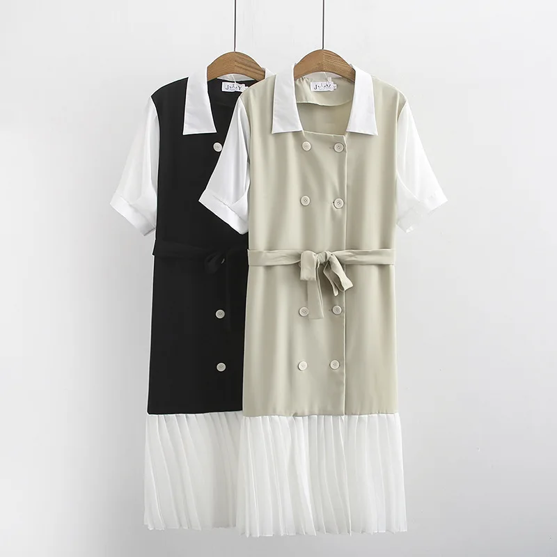 

2019 Summer New Style Joint Short Sleeve Students Pleated Skirt Women's Fashion Lace-up Contrast Color Versatile Mock Two-Piece