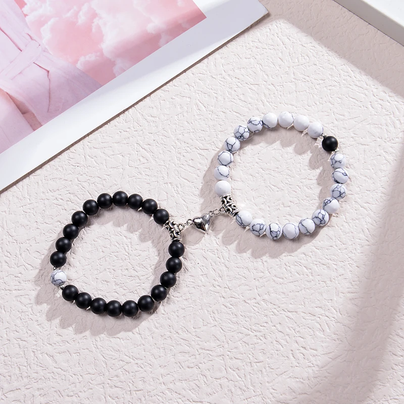 Fashion 2pcs/set Couple Bracelets Natural Stone Beads Bracelet Heart shaped Magnet Attraction Bracelet for Lovers Jewelry