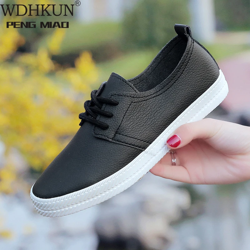 

Fashion Women Flat Casual Oxfords Women's Shoes Pointed Toe Flats Leather Shoes Female Lace Up White Shoes Plus Size 35-40