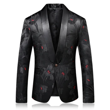 

High Quality Blazer Men Luxurious Jacquard Black Red Floral Pattern Causal Suit Jacket Night Club Singers Stylish Suit Jacket