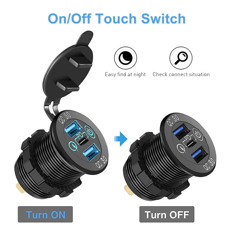 12V/24V Ʈ USB C    USB ܼƮ PD & 18W QC3.0 ġ ġִ ˷̴ ݼ ڵ  