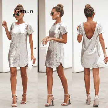 

Summer Sequined Vintage Dress Women O-neck Dress Short Sleeve Shining Dress Club Party Fashion Female Vestidos Party Dresses