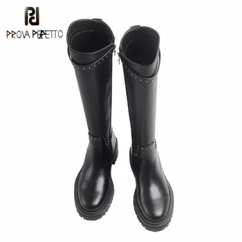 

Prova Perfetto 2020 Fashion High Quality Genuine Leather Rivet Solid Color Thigh High Boots Round Toe Wearproof Vulcanized Shoes