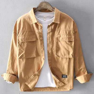 deep khaki Мужская весенне-осенняя Модная рубашка в японском стиле, винтажная однотонная зеленая хлопковая рубашка с карманами и длинными рукавами, мужская повседневная Свободная рубашка, ткань - Цвет: deep khaki
