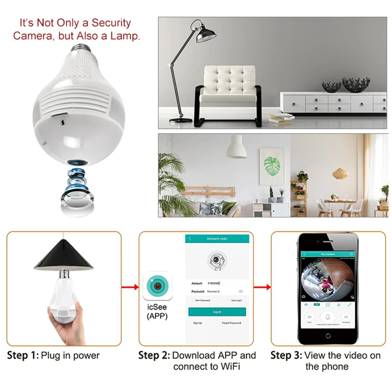  A-ZONE 3.0MP IP 360 Degree Panoramic Light Lamp Camera Home Security Two Ways Audio CCTV Wireless W - 4.00011E+12